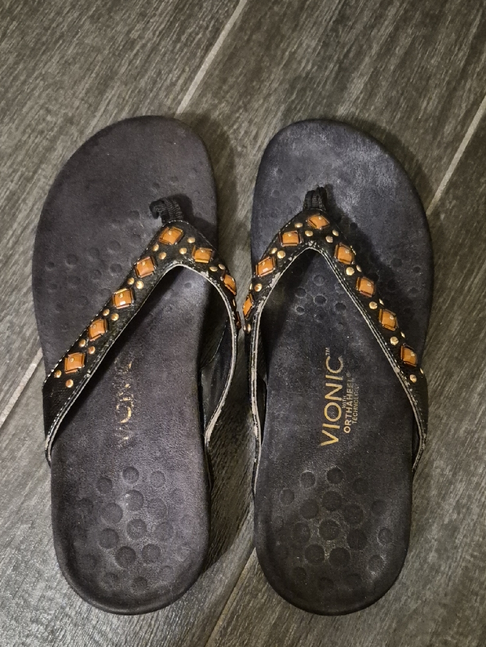 Vionic Black Sandals with Brown Gem Accents